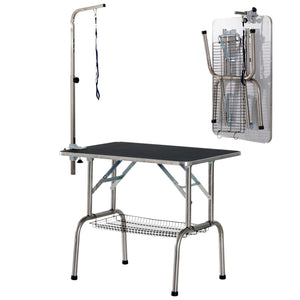 Stainless steel dog grooming table with adjustable arm and basket