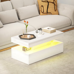 LED coffee table with 2 drawers and open shelf, glossy white
