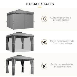 10 x 10 2-tier gazebo with zippered mesh side panels, aluminum frame, light grey