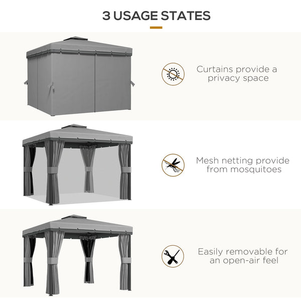 10 x 10 2-tier gazebo with zippered mesh side panels, aluminum frame, light grey