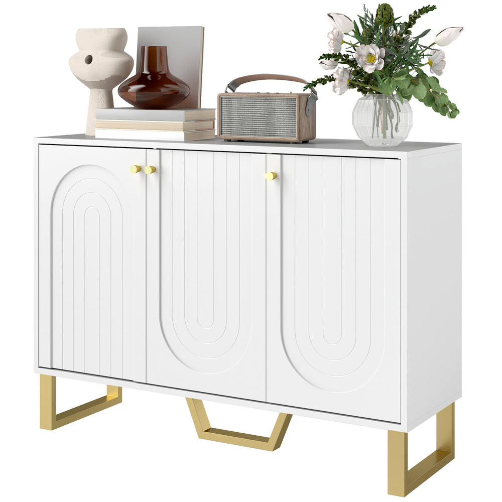 Sideboard Buffet Cabinet with 3 Doors, Modern Storage Cabinet with Adjustable Shelves & Center Leg, White