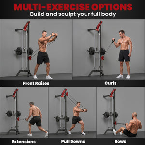Wall-mounted pulley station adjustable to 16 positions, compatible with Olympic plates – Black and red