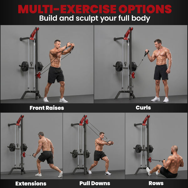 Wall-mounted pulley station adjustable to 16 positions, compatible with Olympic plates – Black and red