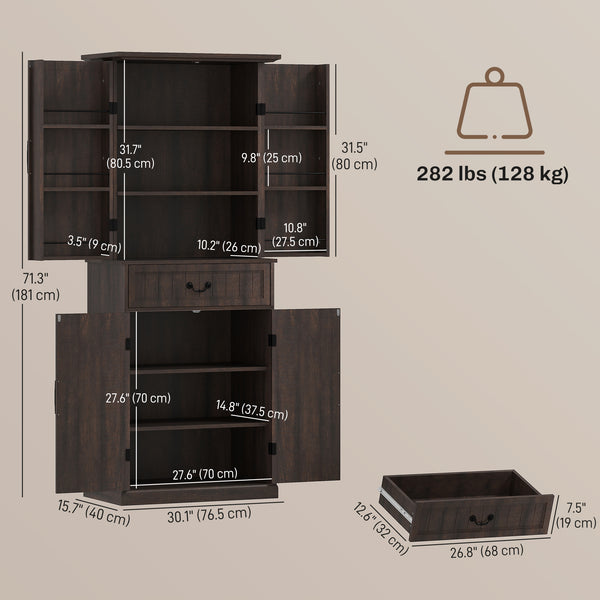 Country style storage unit with door shelves and LEDs, aged brown