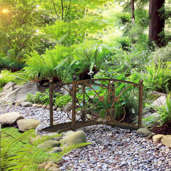 Decorative metal garden bridge with railing, black bronze finish
