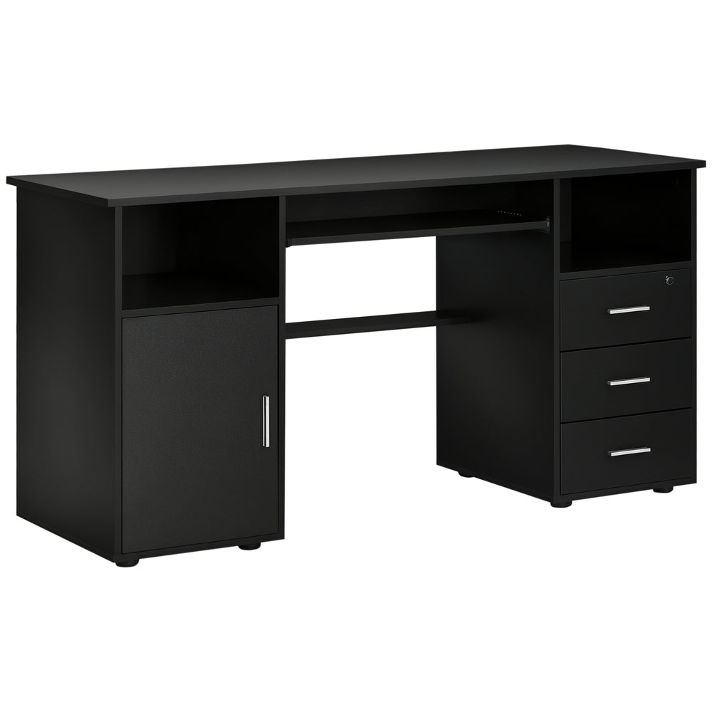 Computer Desk with Drawers, Keyboard Tray, Open Shelves, Black