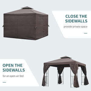10' x 10' Patio Gazebo Outdoor, Canopy Shelter with Double-tier Roof, Pavilion Sidewalls for Garden Events, Brown