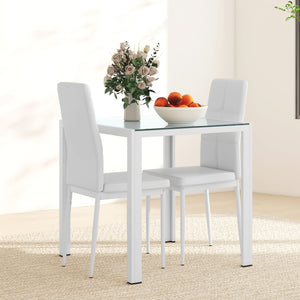 Glass Dining Table and Chair Set with Metal Frame and Faux Leather Upholstery, White