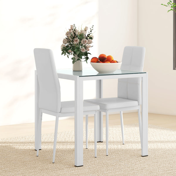 Glass Dining Table and Chair Set with Metal Frame and Faux Leather Upholstery, White