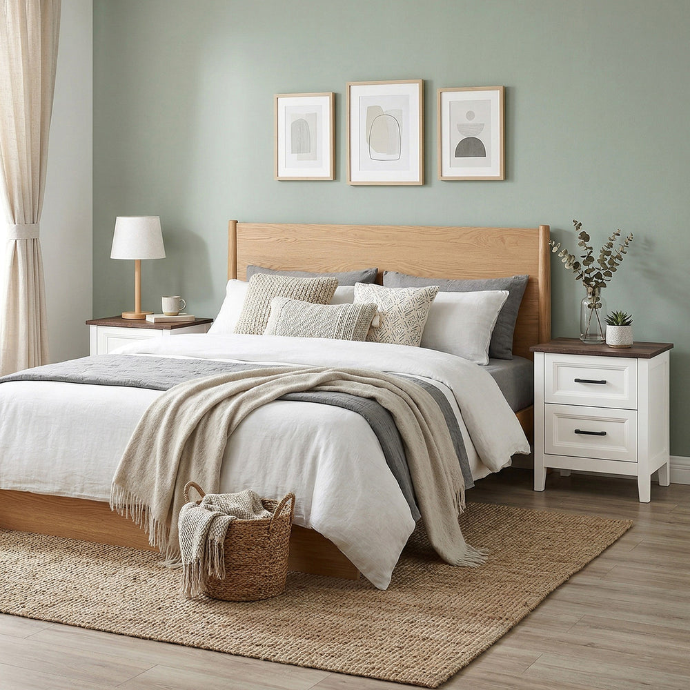 Set of 2 farmhouse style nightstands, with 2 drawers, wood effect top, white
