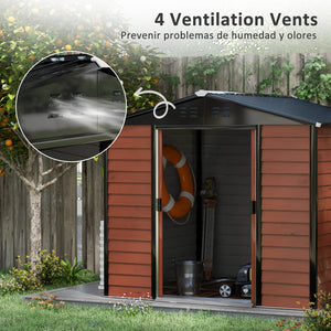 Galvanized steel garden shed with lockable doors and floor structure, teak color