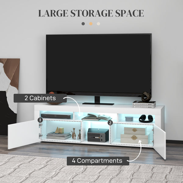 Cabinet with storage and LED lighting for TVs up to 55 inches, glossy white