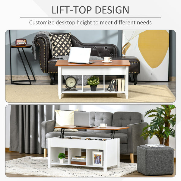Lift-top coffee table with hidden storage compartment, white and brown