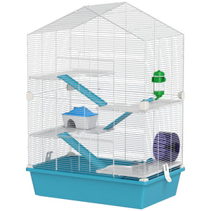 5-level hamster cage with platforms, ramps, and accessories – White and pale blue