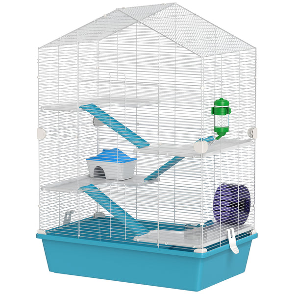 5-level hamster cage with platforms, ramps, and accessories – White and pale blue