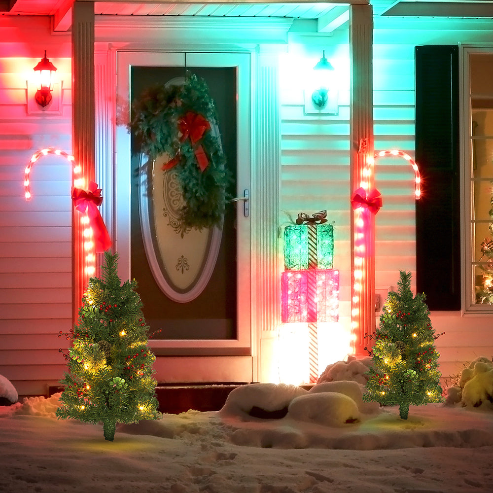 Set of 2 Pre-Lit Artificial Christmas Trees with Red Berries and Pine Cones