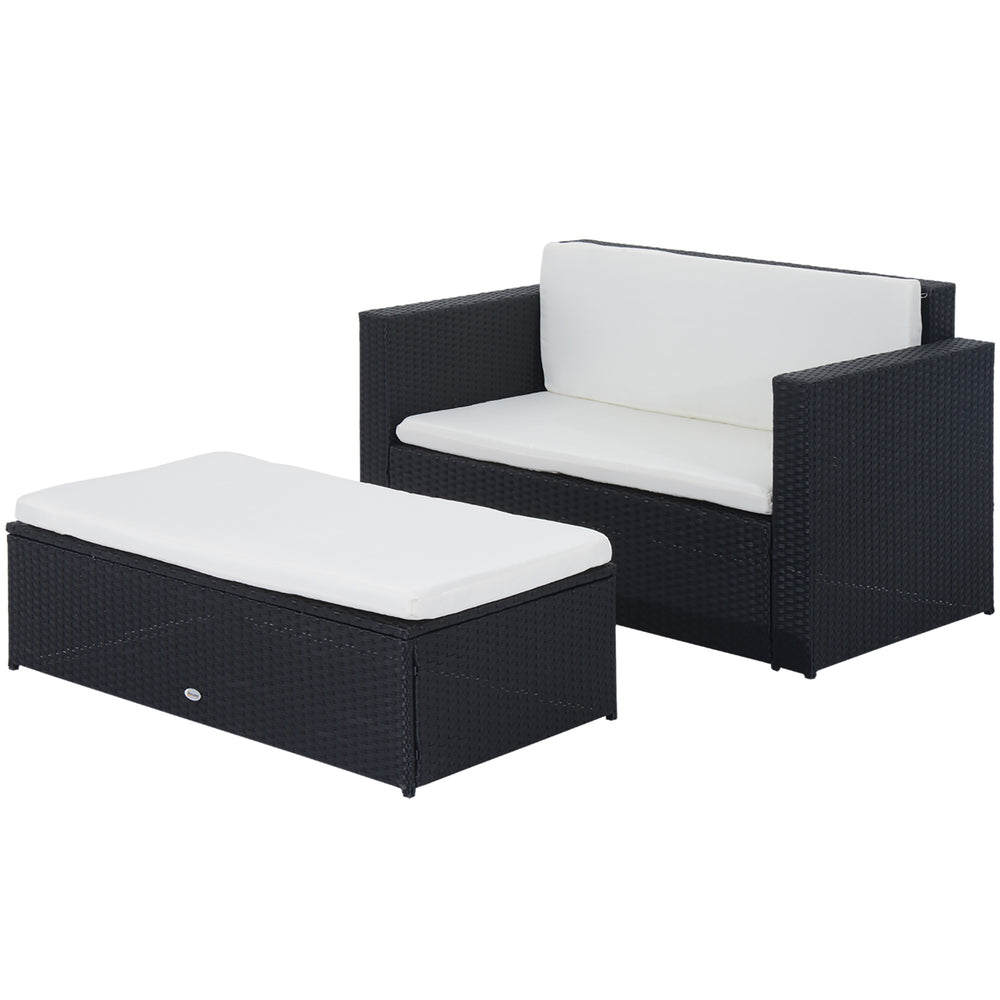 Ensemble de salon extérieur 2 pièces en osier blanc crème comprenant une causeuse et un pouf deux places, parfait pour terrasse ou balcon

