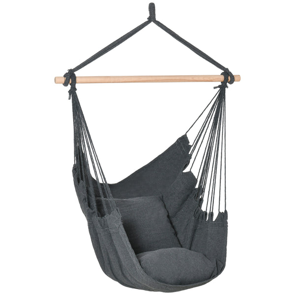 Hanging macrame cotton hammock with two soft cushions, dark grey