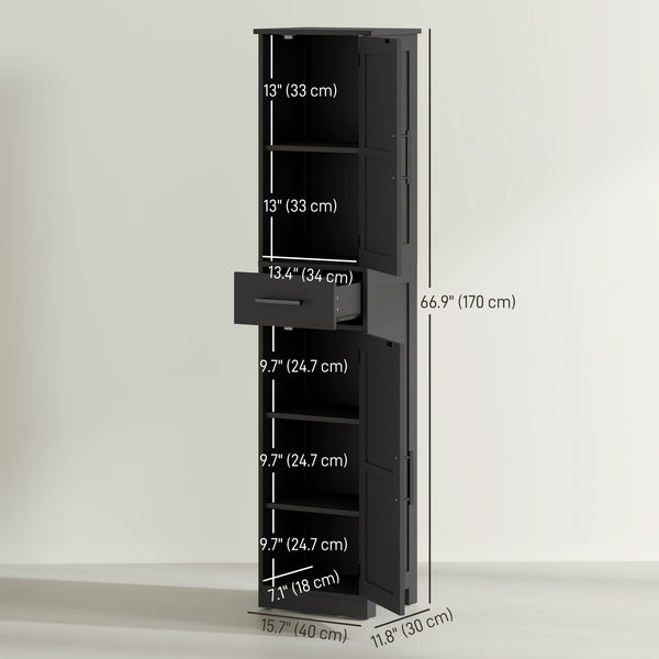 Bathroom cabinet 170 cm high with drawer, barn doors and adjustable shelves, black