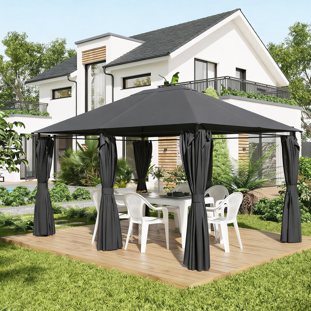 Gazebo 10 x 13, flexible steel frame, 6 removable curtains, dark grey