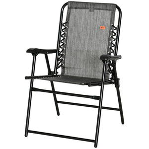 Folding outdoor chair with armrests and elastic backrest, grey