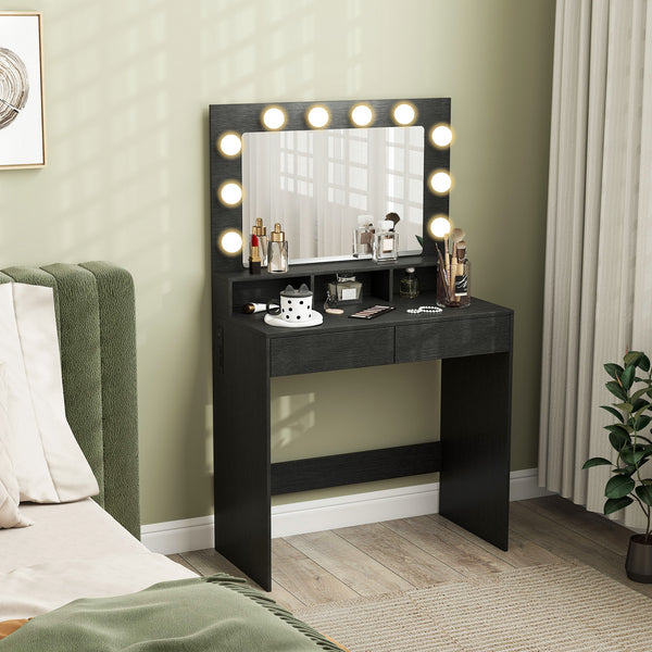Dressing table with LED lighting mirror, charging station and drawers, black