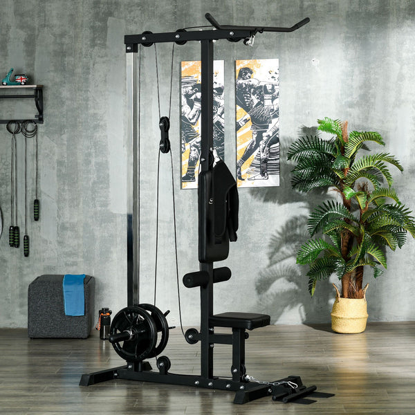 Vertical traction machine, high/low pulley with adjustable seat and retractable footrest, black