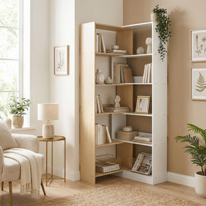 5-tier L-shaped bookcase with 350° rotation, two-tone design, fruitwood/white