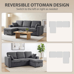 Modular sectional sleeper sofa with reversible storage ottoman with spring cushion, dark grey
