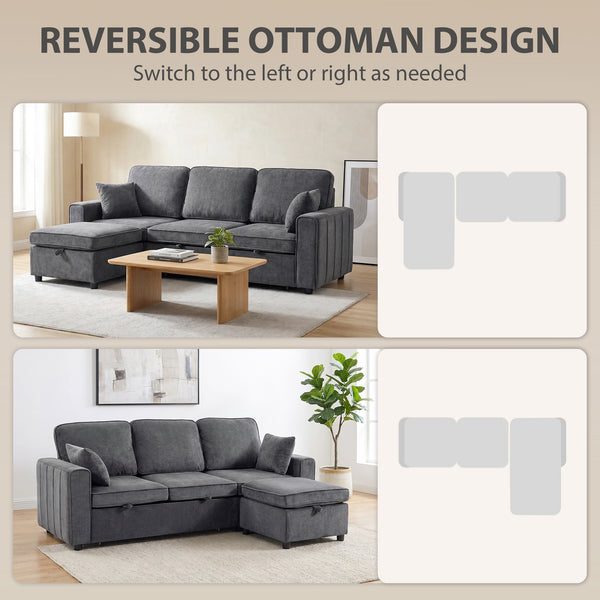 Modular sectional sleeper sofa with reversible storage ottoman with spring cushion, dark grey
