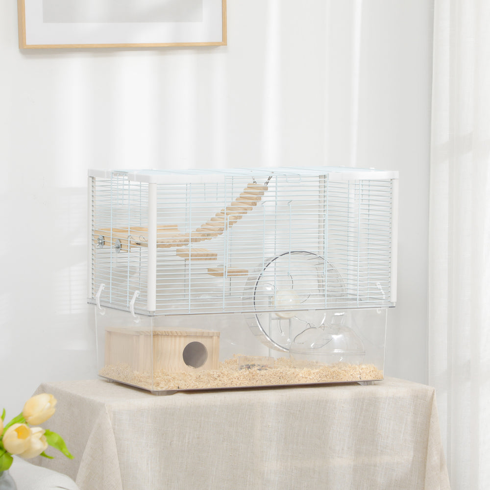 Hamster Cage with Deep Bottom, Wooden Ramp, Hut, Bathroom and Exercise Wheel for Hamster and Gerbil, White