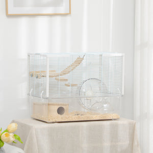 Hamster Cage with Deep Bottom, Wooden Ramp, Hut, Bathroom and Exercise Wheel for Hamster and Gerbil, White