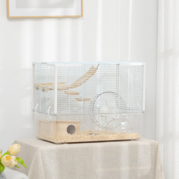 Hamster Cage with Deep Bottom, Wooden Ramp, Hut, Bathroom and Exercise Wheel for Hamster and Gerbil, White