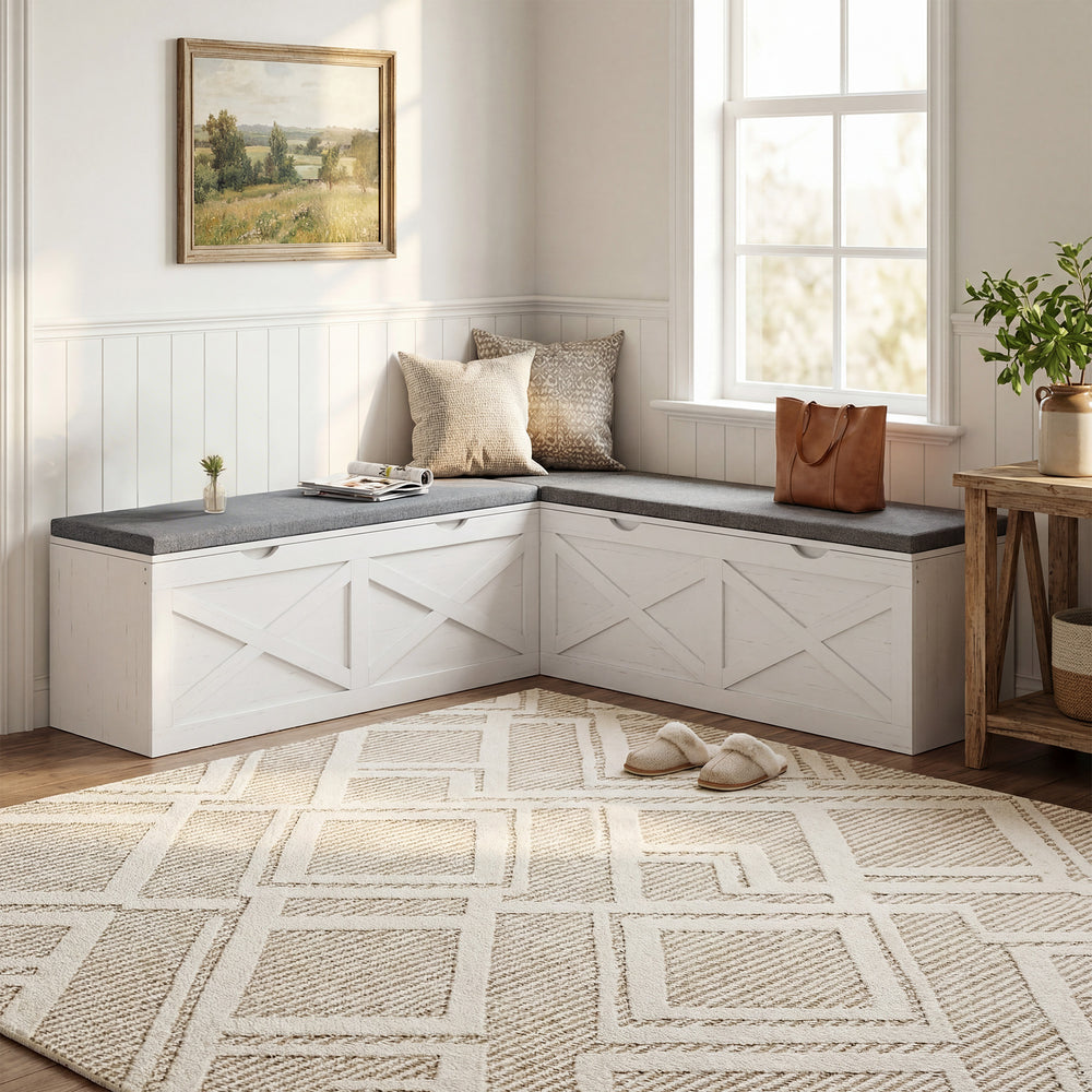 Modular entryway bench with 5 hidden storage compartments and padded cushions – White wood effect