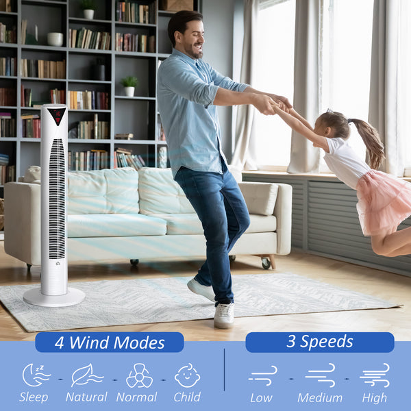 Freestanding tower fan with 3 speeds, 12-hour timer, oscillating, LED sensor panel, remote control, white