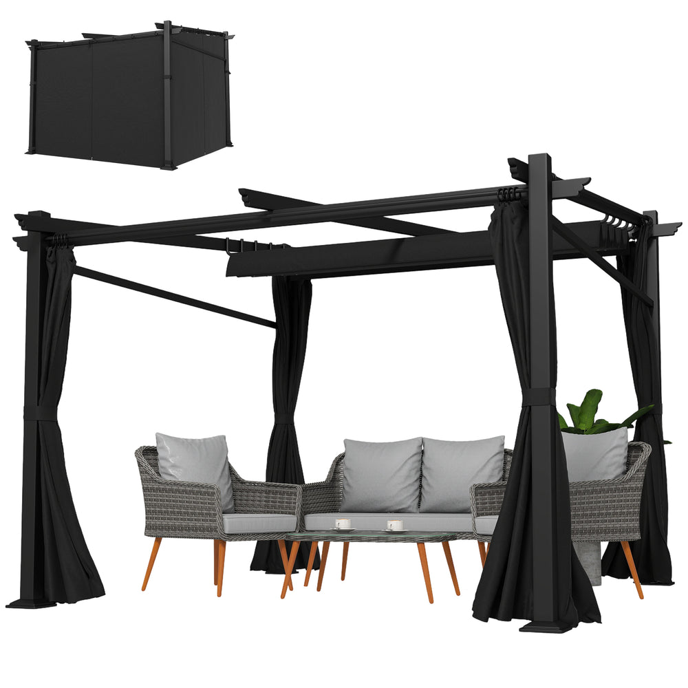 Metal pergola with sliding and retractable roof, 10 x 10, black