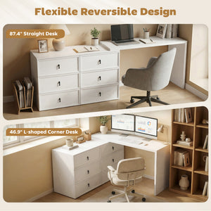 Convertible L-shaped or straight computer desk with 6 drawers and double storage – White wood-effect
