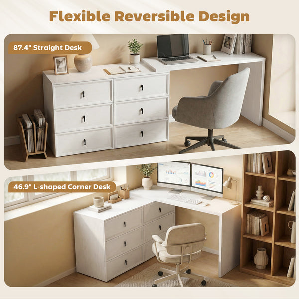 Convertible L-shaped or straight computer desk with 6 drawers and double storage – White wood-effect