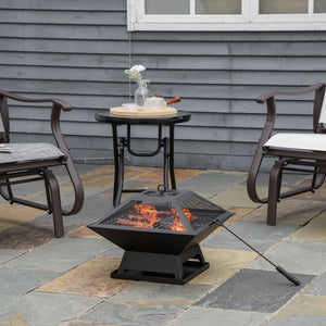 Wood-burning fireplace with cooking grate, spark screen and poker, black