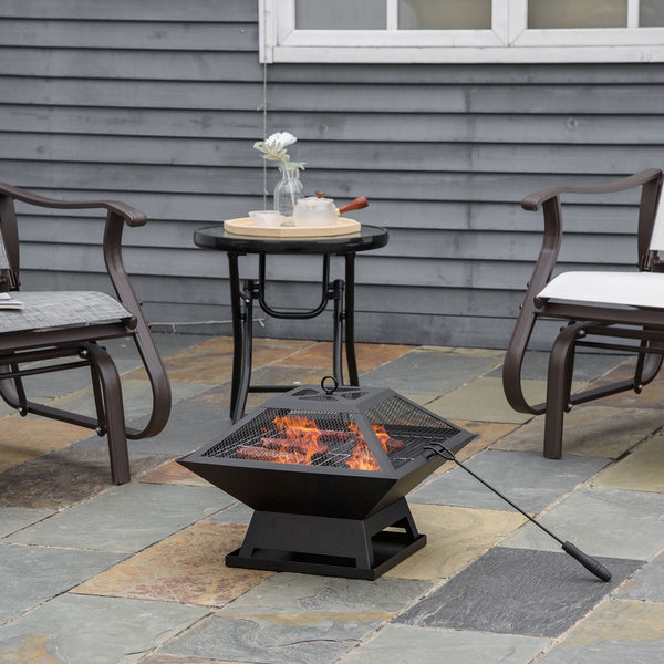 Wood-burning fireplace with cooking grate, spark screen and poker, black