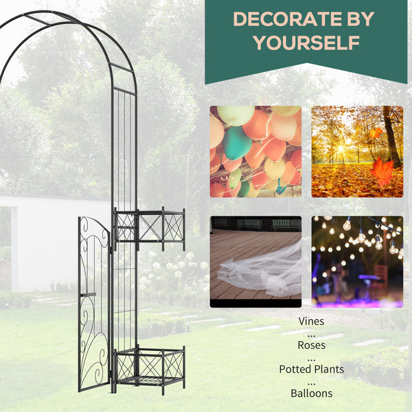Metal garden arch with gate and 4 planters