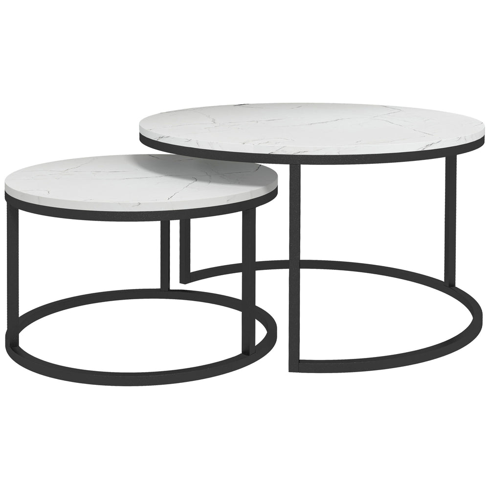 Set of 2 modern coffee tables with metal base, white marble effect