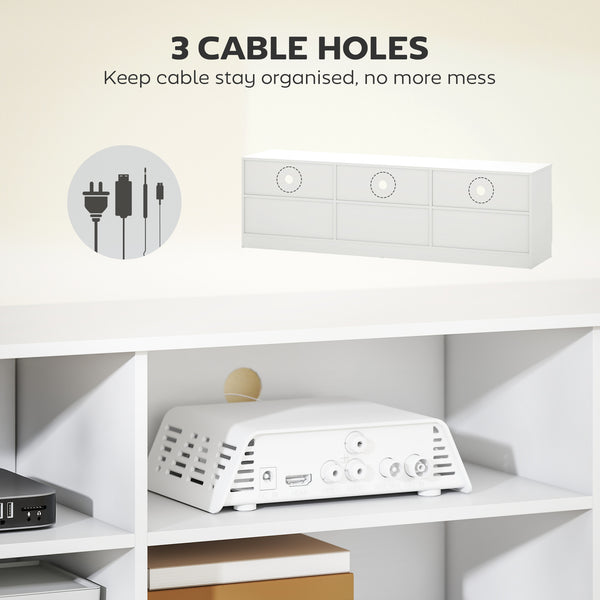 TV stand with 3 cabinets and 3 open shelves, for TVs up to 85 inches, white