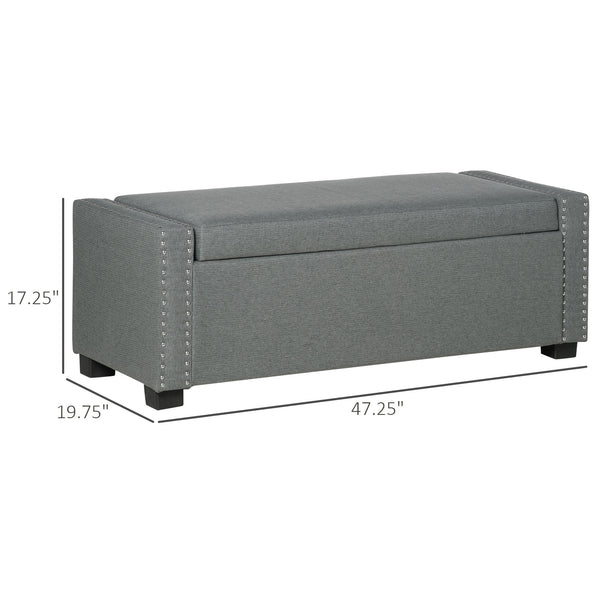 Folding storage bench upholstered in fabric, light gray