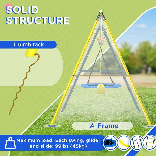 4-in-1 module with saucer swing, seat, climbing ladder/net and basketball hoop
