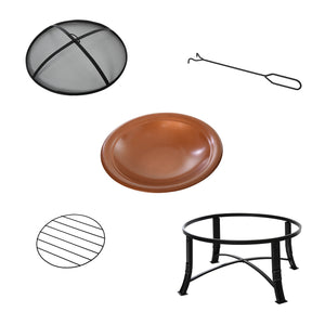 30" Round Outdoor Fire Pit with Lid, Log Grate and Poker for Backyard, Camping, Picnic, Bronze