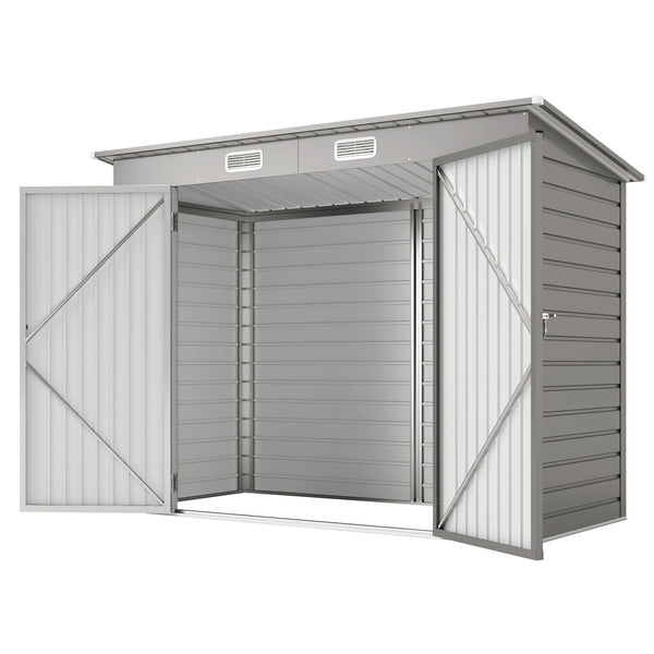 Galvanized garden shed with double doors and 2 vents, light grey