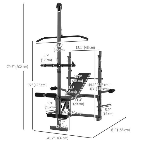 Adjustable weight bench with bench press and lat pulldown rack