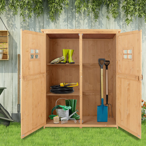 Wooden garden shed with windows and double doors, natural wood