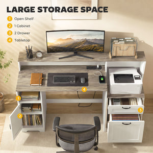 65" desk with storage and outlets, white and brown
